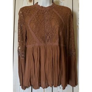 American Eagle Boho Peasant Top Small Sheer Lace Long Sleeve Brown Prairie 2016